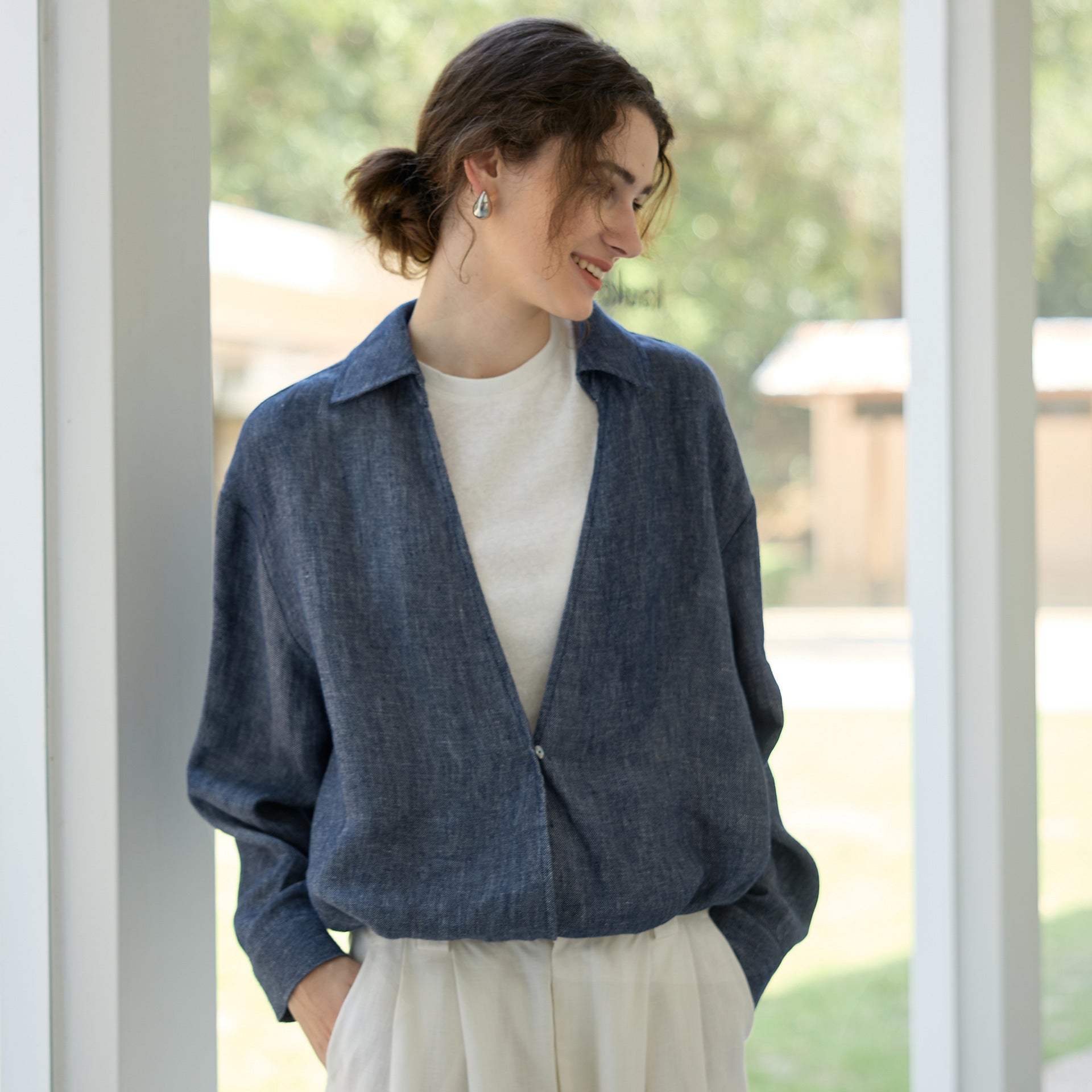 Faux Two Piece Linen Yarn Dyed Women Top Autumn Winter Deep V Plunge Collared Shirt White Vest Stitching