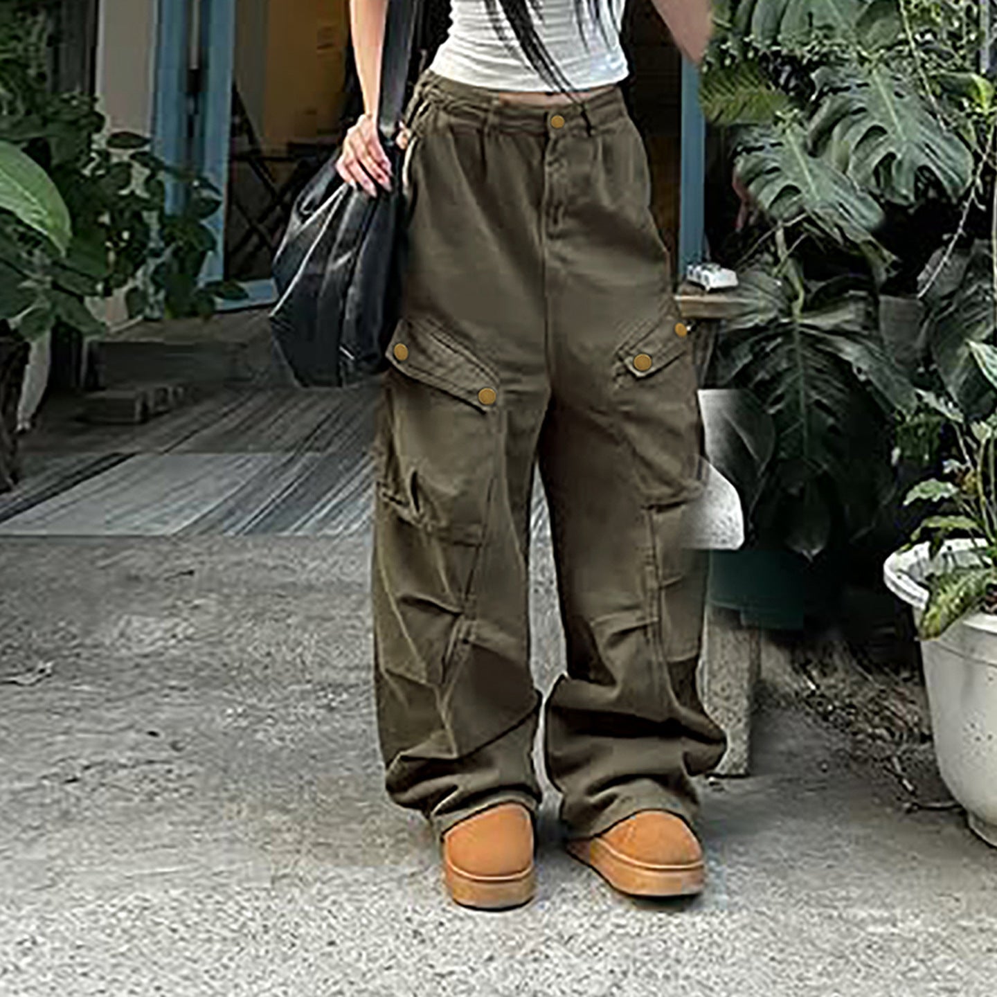 Summer Outdoor Work Clothes Sports Casual Pants Sexy Pocket Stitching Design Loose Wide Leg Low Waist Trousers Women