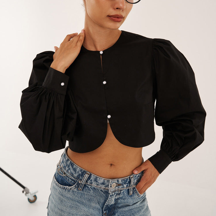 Simple Niche Design Cotton Women Shirt round Neck Long Sleeve All Matching Short Cardigan Top