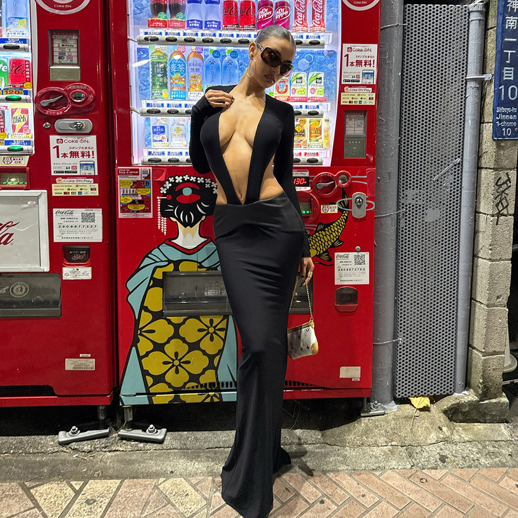 Women Clothing Autumn Winter Sexy Deep V Plunge neck Hollow Out Cutout out Long Sleeve Stitching Solid Color Dress