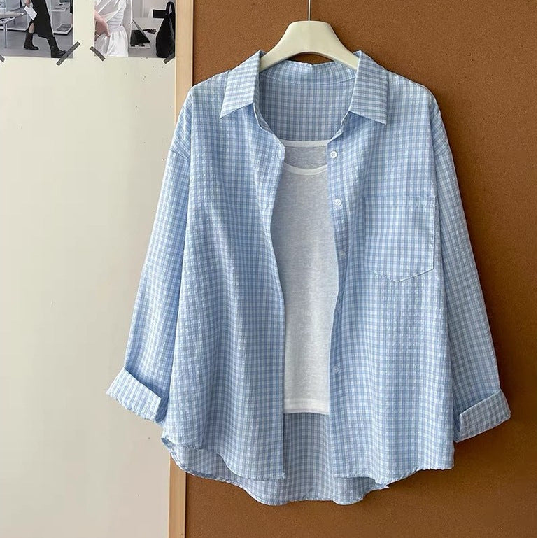 Spring Autumn Japanese Korean Small Plaid Sunscreen Shirt for Women Lazy Top