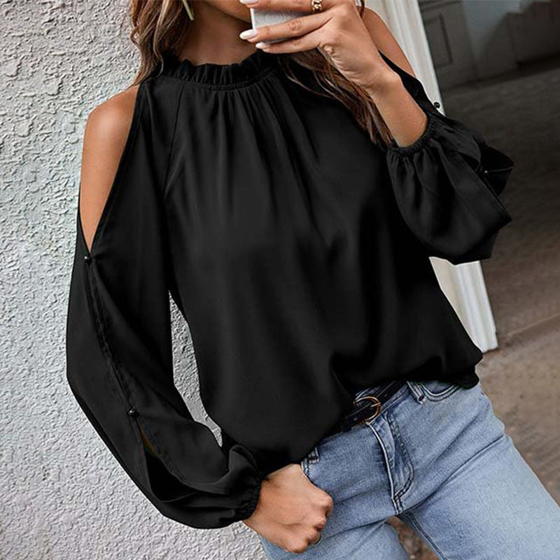 Off Shoulder Top for Women Spring Autumn Solid Color Loose round Neck Long Sleeve Simple Chiffon Shirt for Women
