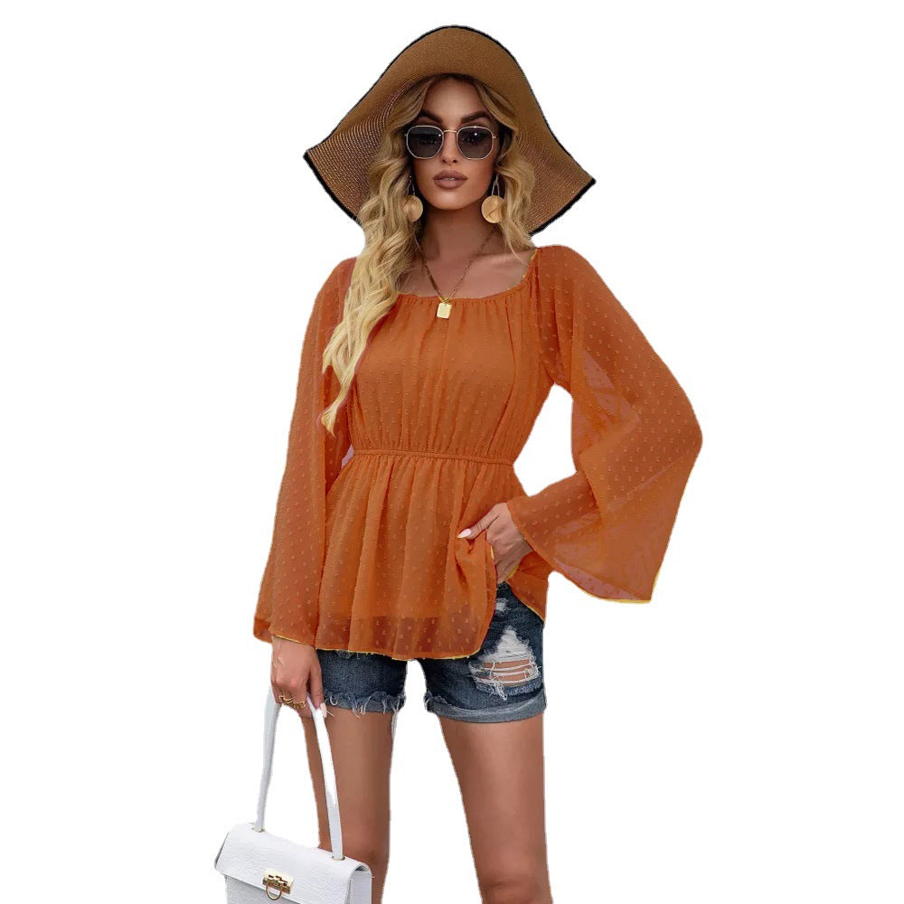 Mature Elegant Pullover Long Sleeve Square-Neck off-Neck Slim Shirt for Women