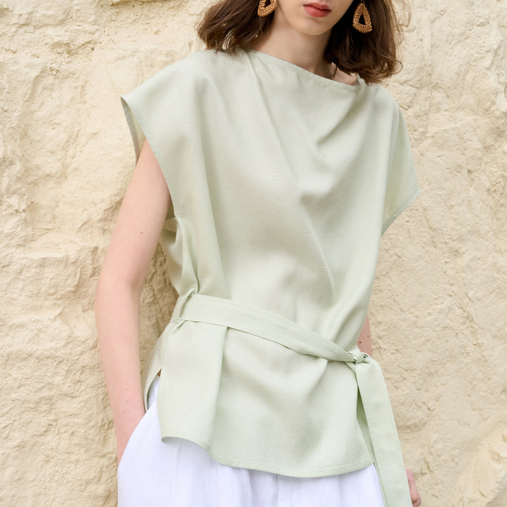 High End Tencel Linen Swing Collar Top Women Summer Workplace Beauty Lace up Cotton Linen T shirt Elegant Office Loose Short Sleeve