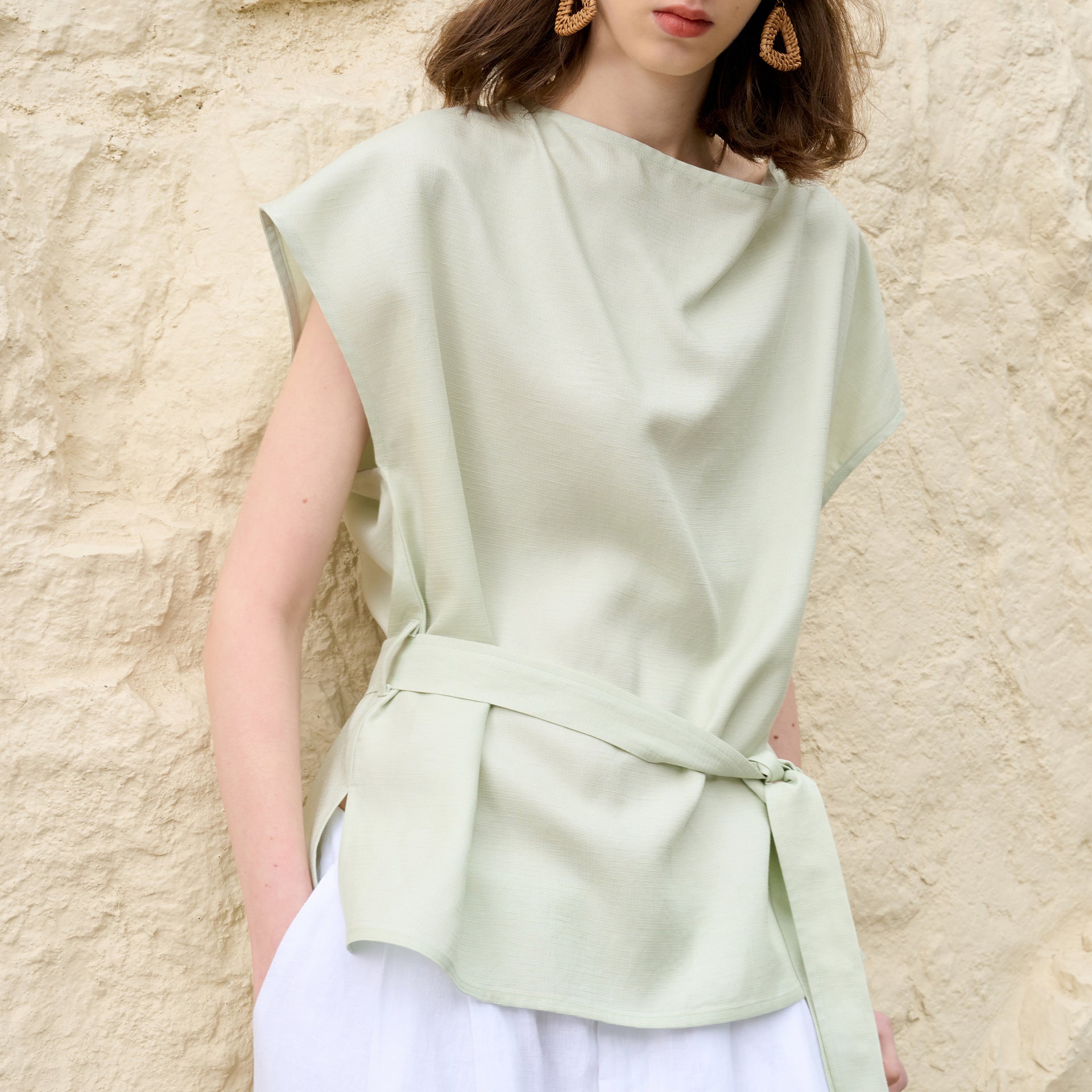 High End Tencel Linen Swing Collar Top Women Summer Workplace Beauty Lace up Cotton Linen T shirt Elegant Office Loose Short Sleeve