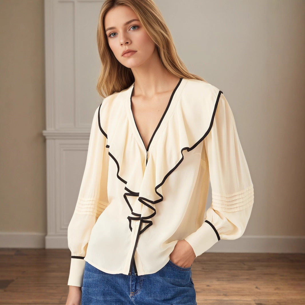 Autumn V neck Women Shirt Retro Loose Contrast Color Pleated Ruffle Top