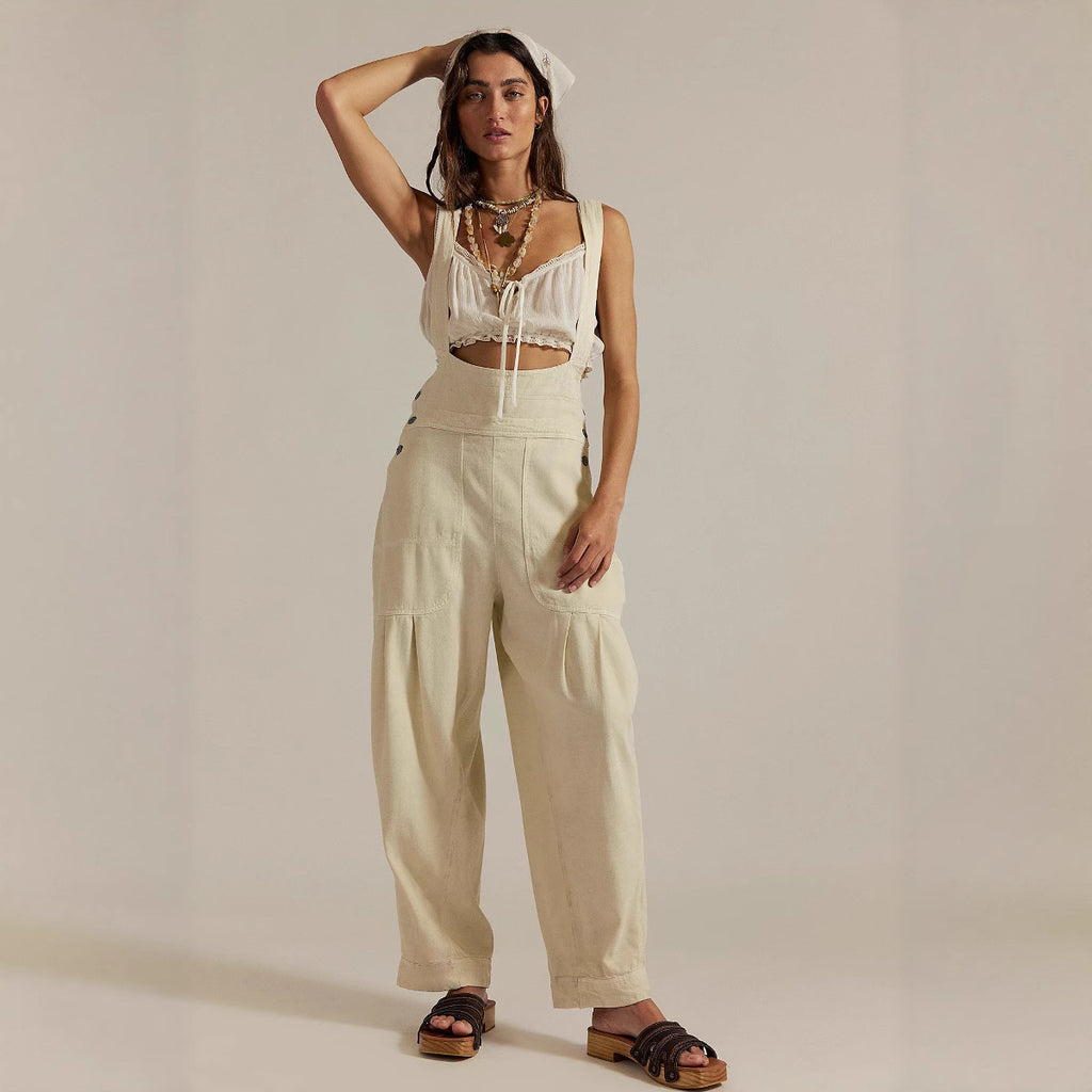 Women Loose Casual Side Pocket Sleeveless Denim Suspender Pants