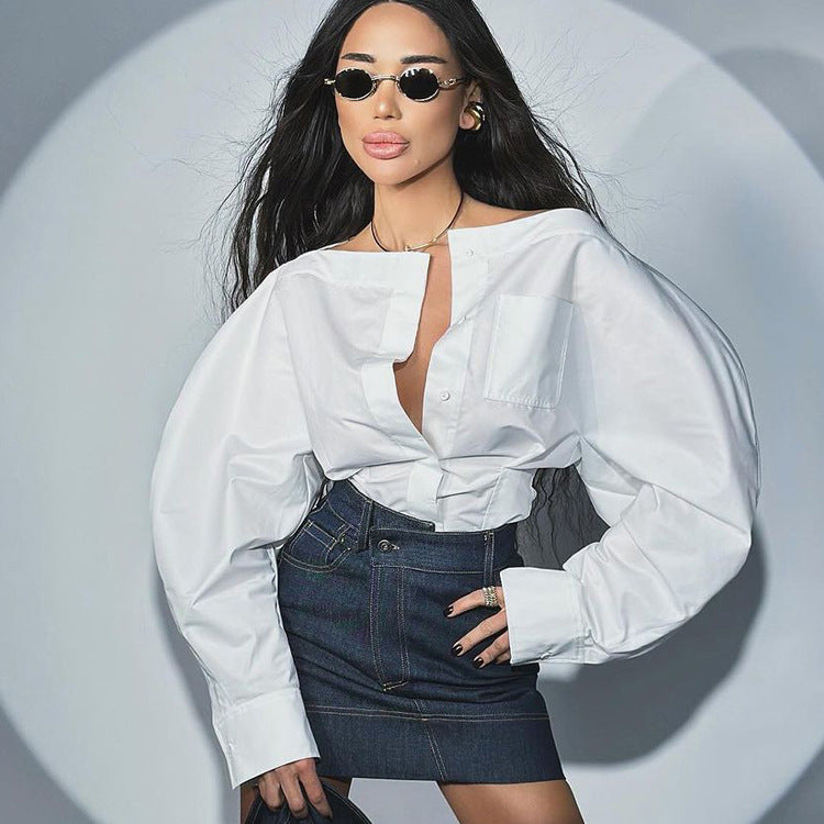 Cotton White Shirt Women Niche Cross Design Long Sleeve Fitted Waist Backless Cardigan off Neck Shirt