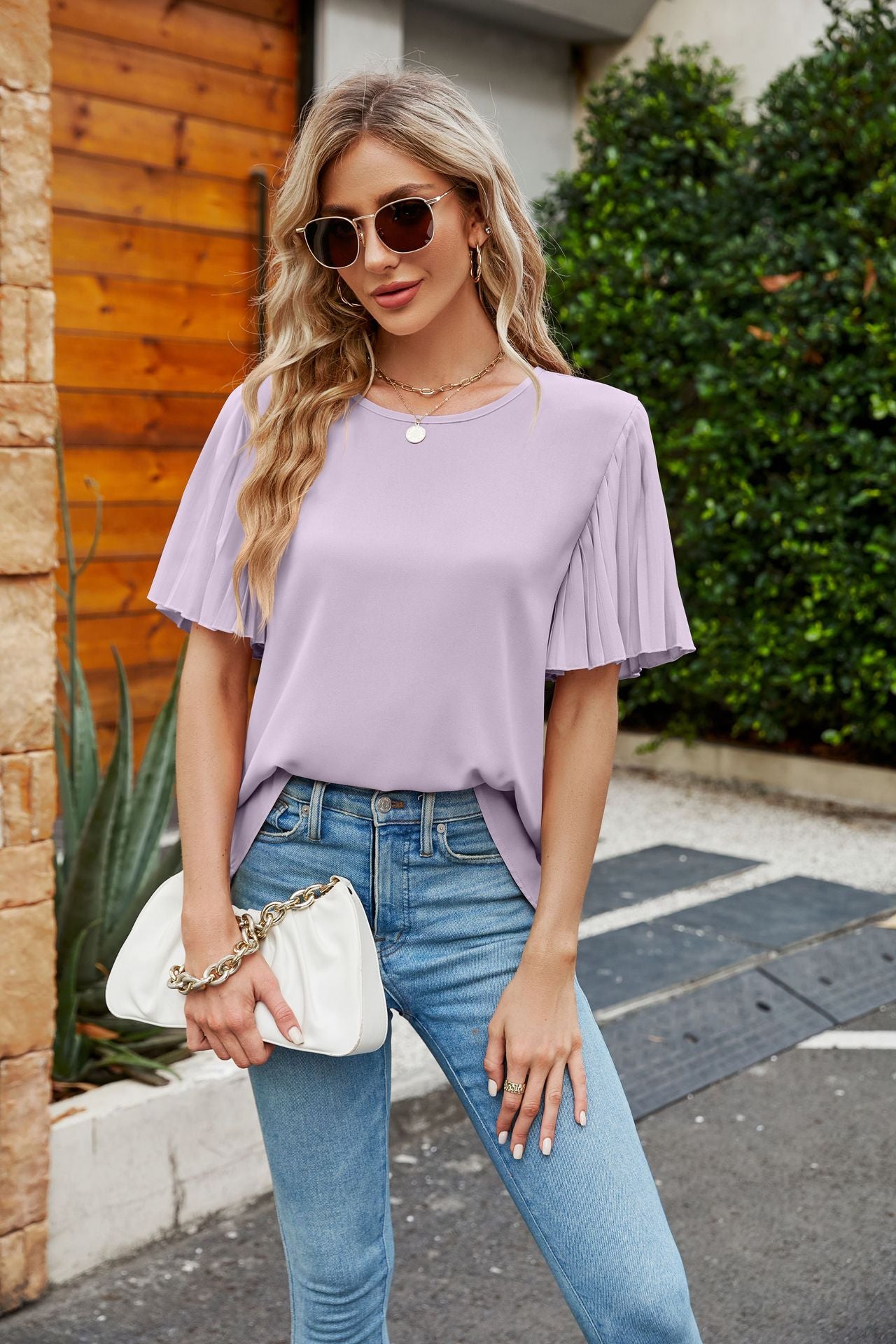 Summer Women Clothing Ice Silk Zou Folding Bell Sleeve round Neck Top