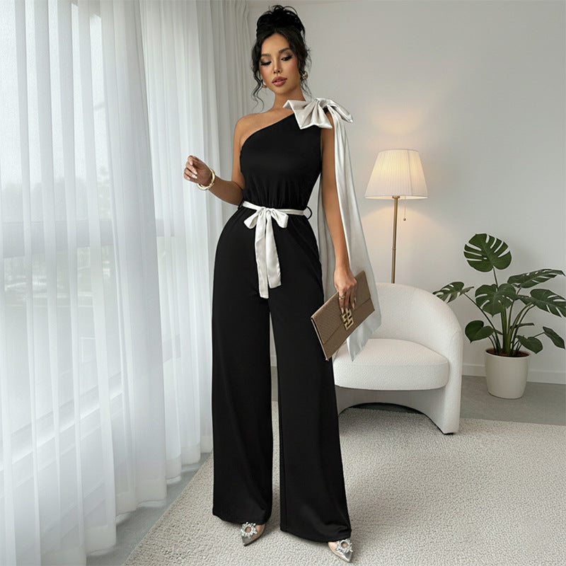 Summer Contrast Color Bow Decorative Ribbon Oblique Shoulder Sleeveless Straight Jumpsuit Women