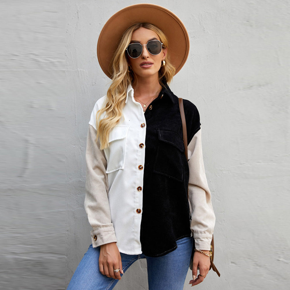 Color Block Stitching Autumn Shirt Women Loose Long Sleeve Single Breasted Shirt