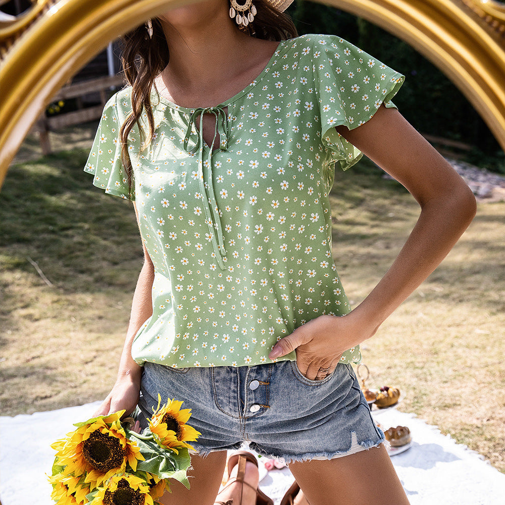 Women Clothing Summer round Neck Lace up Small Floral Lotus Leaf Sleeve Top for Women