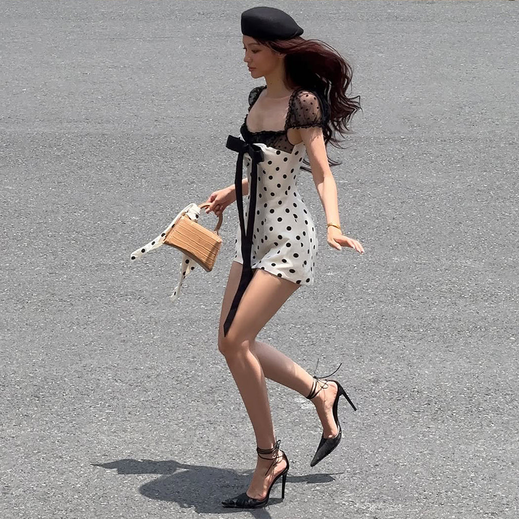 Summer Women Bow Polka Dot Short Sexy Lace Stitching Tight Waist Hip Dress