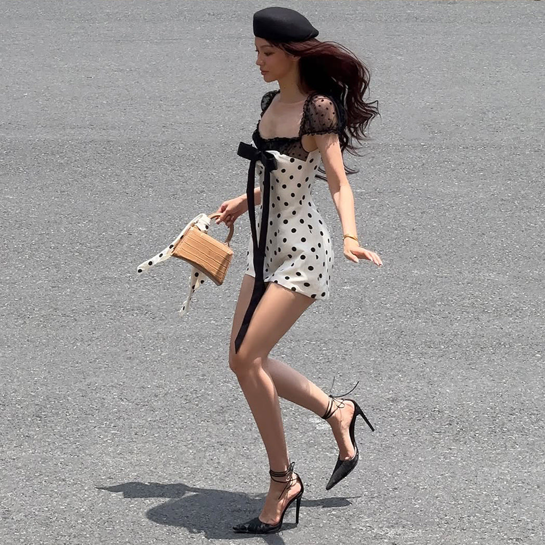 Summer Women Bow Polka Dot Short Sexy Lace Stitching Tight Waist Hip Dress