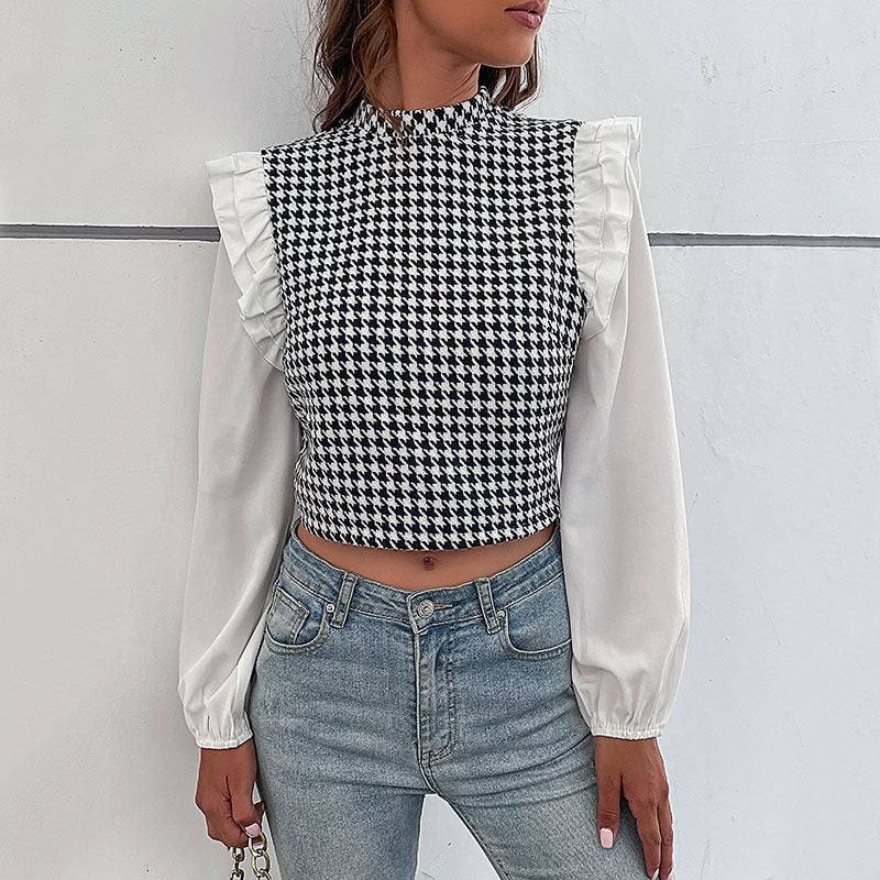 Spring Autumn Women Clothing Mid Collar Houndstooth Short Shirt for Women