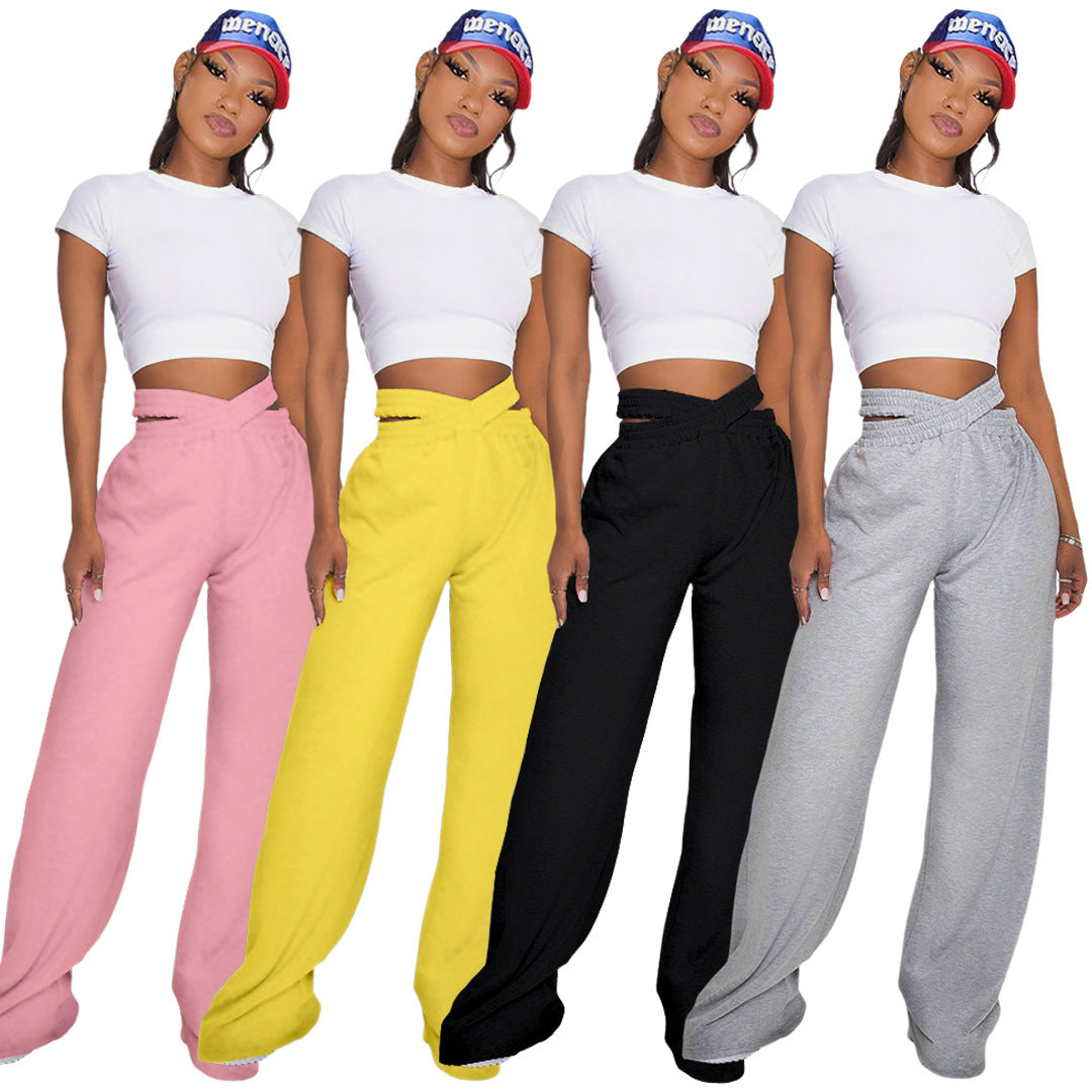 Women Clothing Nightclub Uniforms Solid Color Double-Layer Waistband Sports Casual Wide-Leg Pants