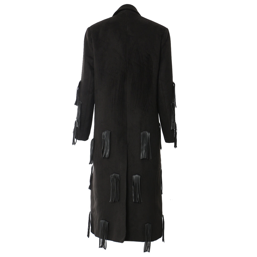 Personalized Faux Leather Tassel Embellished Mid Length Coat Windbreaker Woolen Coat
