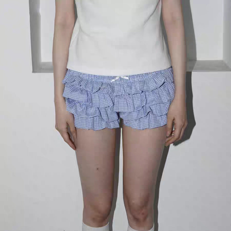 Sweet Pantskirt Sweet Cool Low Waist Multi Layer Wave Lace Plaid Cake Shorts