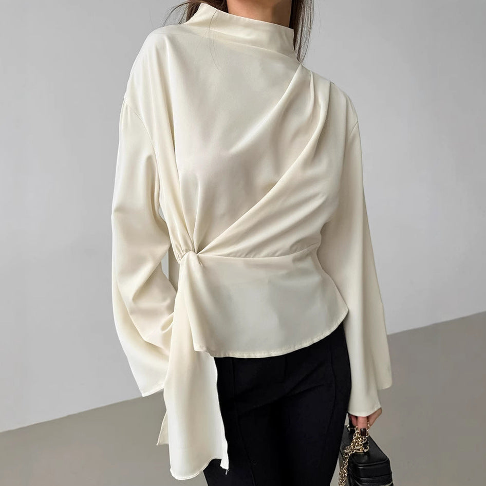 French Small Stand Collar Chiffon Bell Sleeve Pleated Split Shirt Spring Top