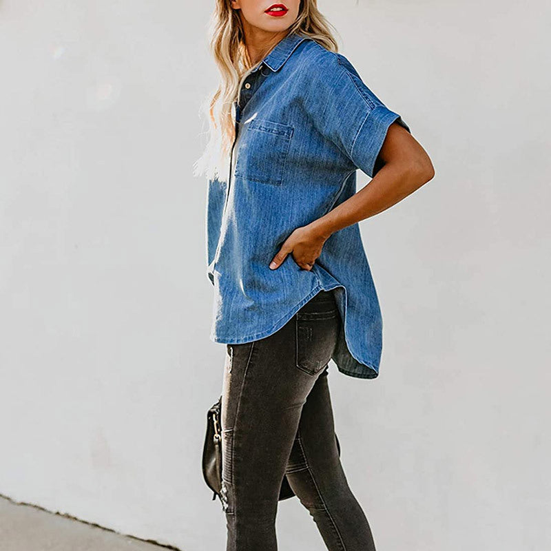 Spring Summer Short Sleeve Straight Leg Denim Shirt Women Loose Top Women