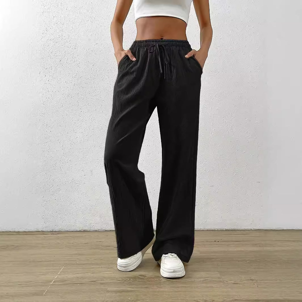 Women Clothing Spring Summer All Match Solid Color Loose Casual Draping Elastic Waist Drawstring Wide Leg Pants Trousers