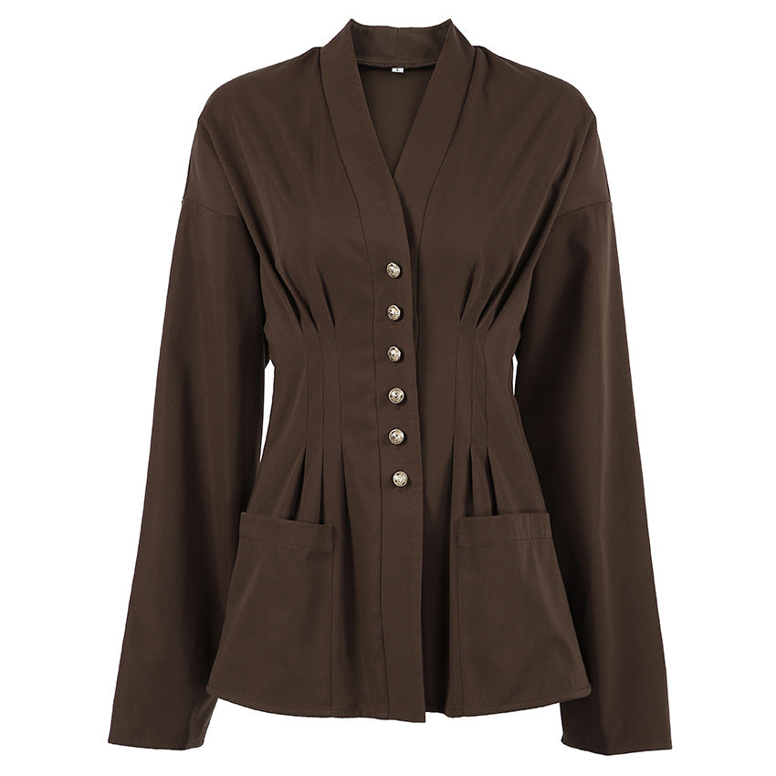 Design Slim Fit Waist Retro Pleated Slimming Cardigan Women Early Autumn Thin Coat