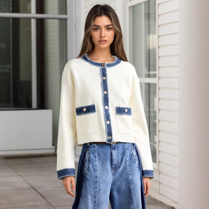 French Elegant Autumn Furry Denim Color Contrasting Stripe O neck Short Coat