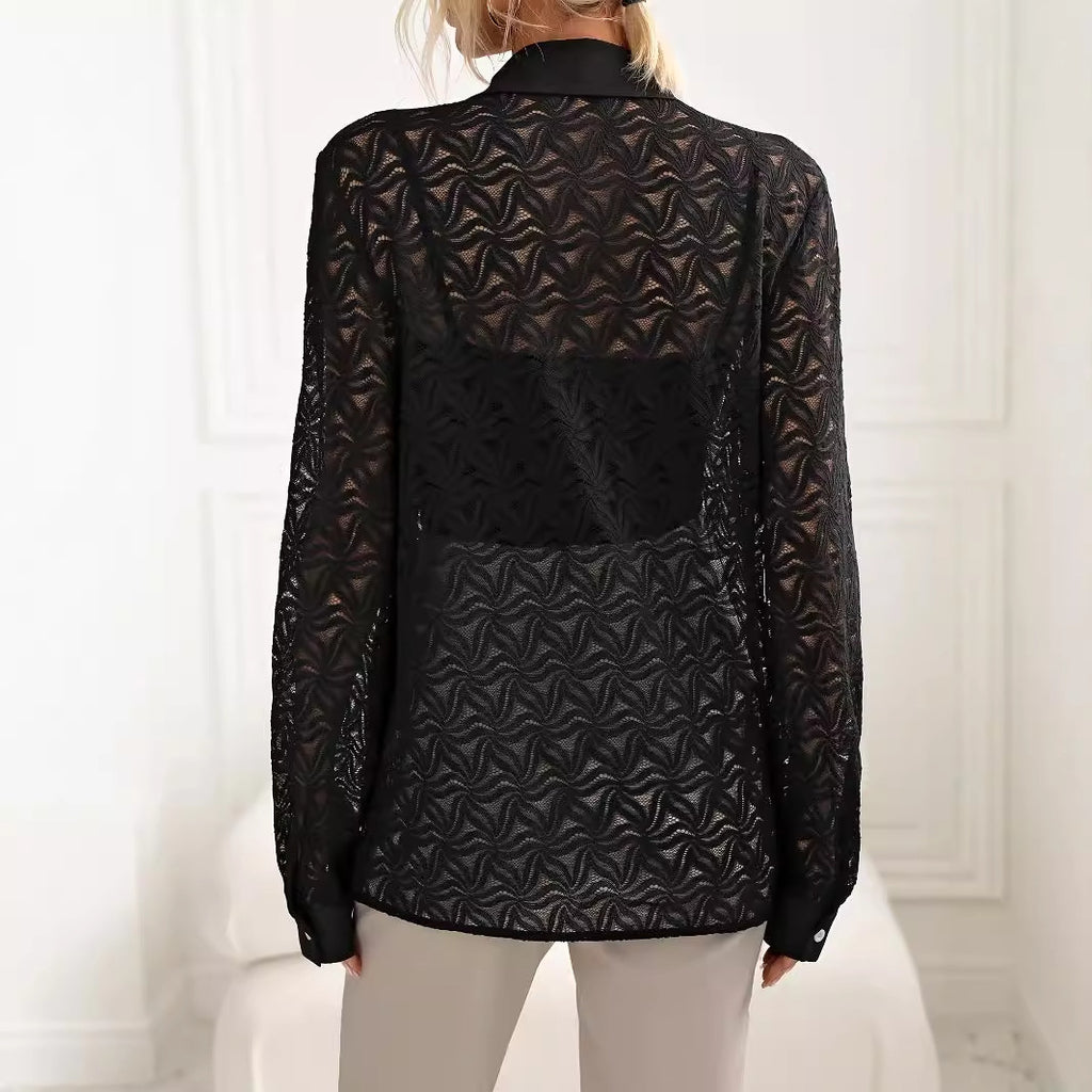 Spring Autumn Women Clothing Polo Collar Front Row Buttons Long Sleeve Shirt Top