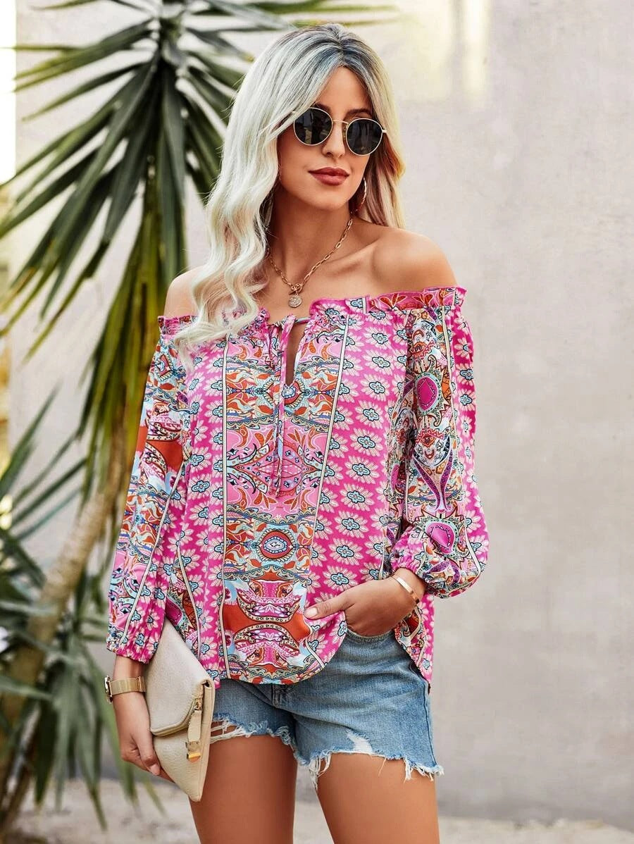 Bohemian Summer Floral Print off Shoulder Lotus Leaf Trim Knot Front Shirt