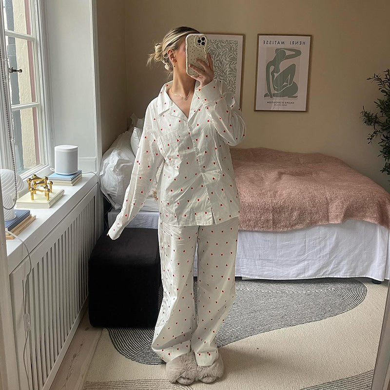 Spring Autumn Two Piece Sets Heart Printing Long Sleeved Shirt Trousers Pajamas Women Loose Comfortable Homewear Women