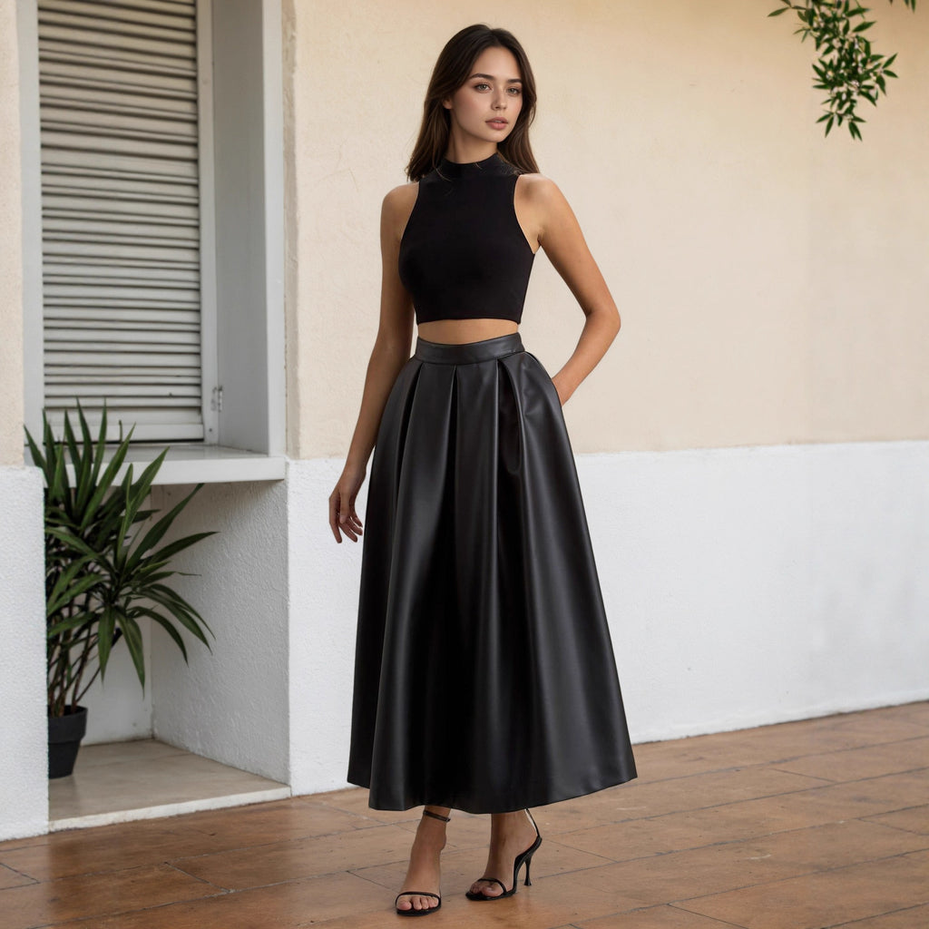 Large Skirt Ladies Spring Autumn High Waist Office Umbrella Skirt Faux Leather Design A line Skirt