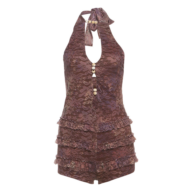 Summer Women Sexy Halter Backless Hollow Out Cutout out Romper