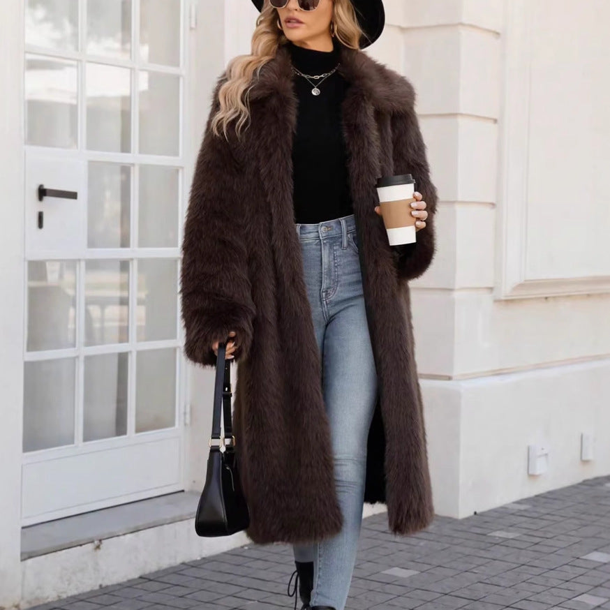 Faux Fur Coat Top Faux Fur Long Cut Coat Warm Keeping Cold-Proof Trench Coat