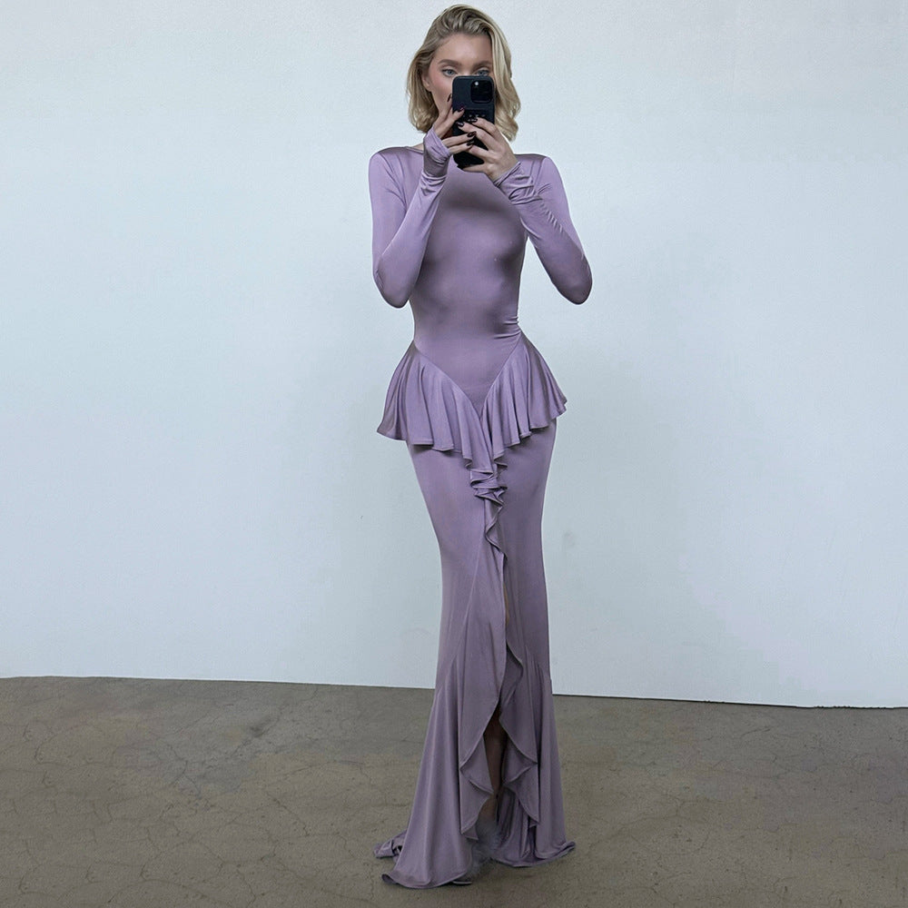 Spring Summer Sexy Backless Women Dress Elegant Ruffles Slit Slim Fitting Dress