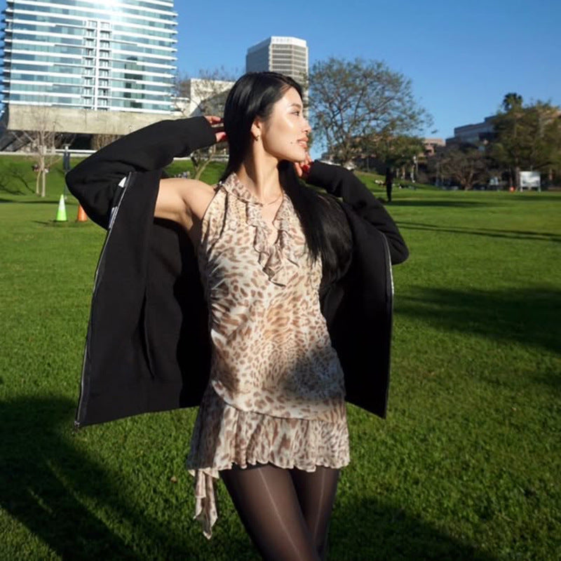 Spring Summer Women Clothing Personalized Leopard Print Printed Sexy Halter Lace up Backless Slim Fit Dress