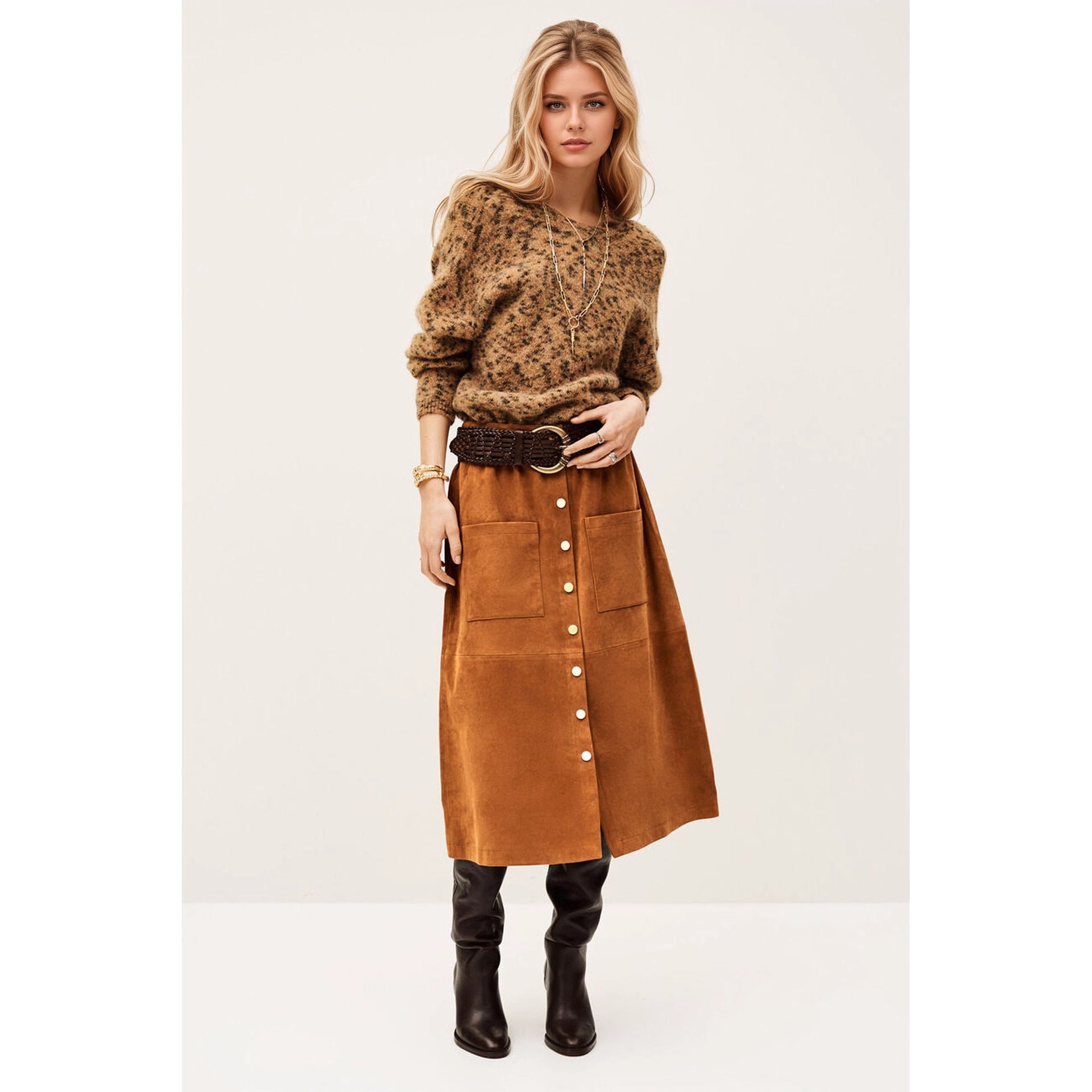 Women Vintage Corduroy Single Breasted High Waist Fall Winter Classic Skirt