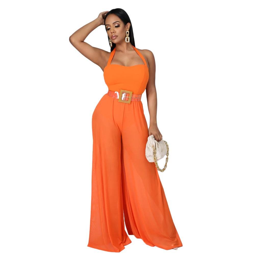 Solid Color Casual Chiffon Sling Women Jumpsuit