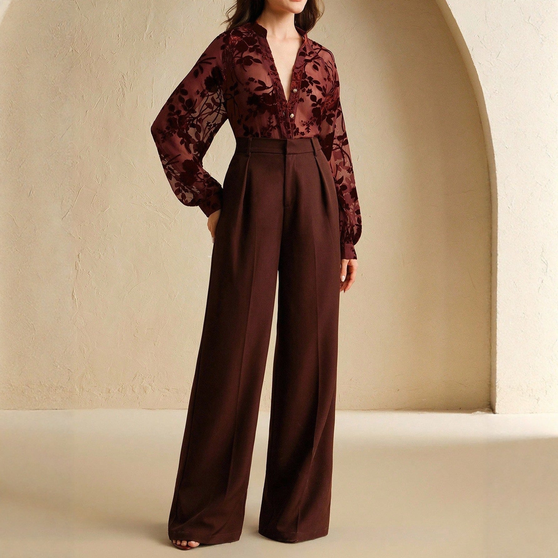 Vêtements d'automne pour femmes - Chemise élégante en Tencel floqué à manches longues