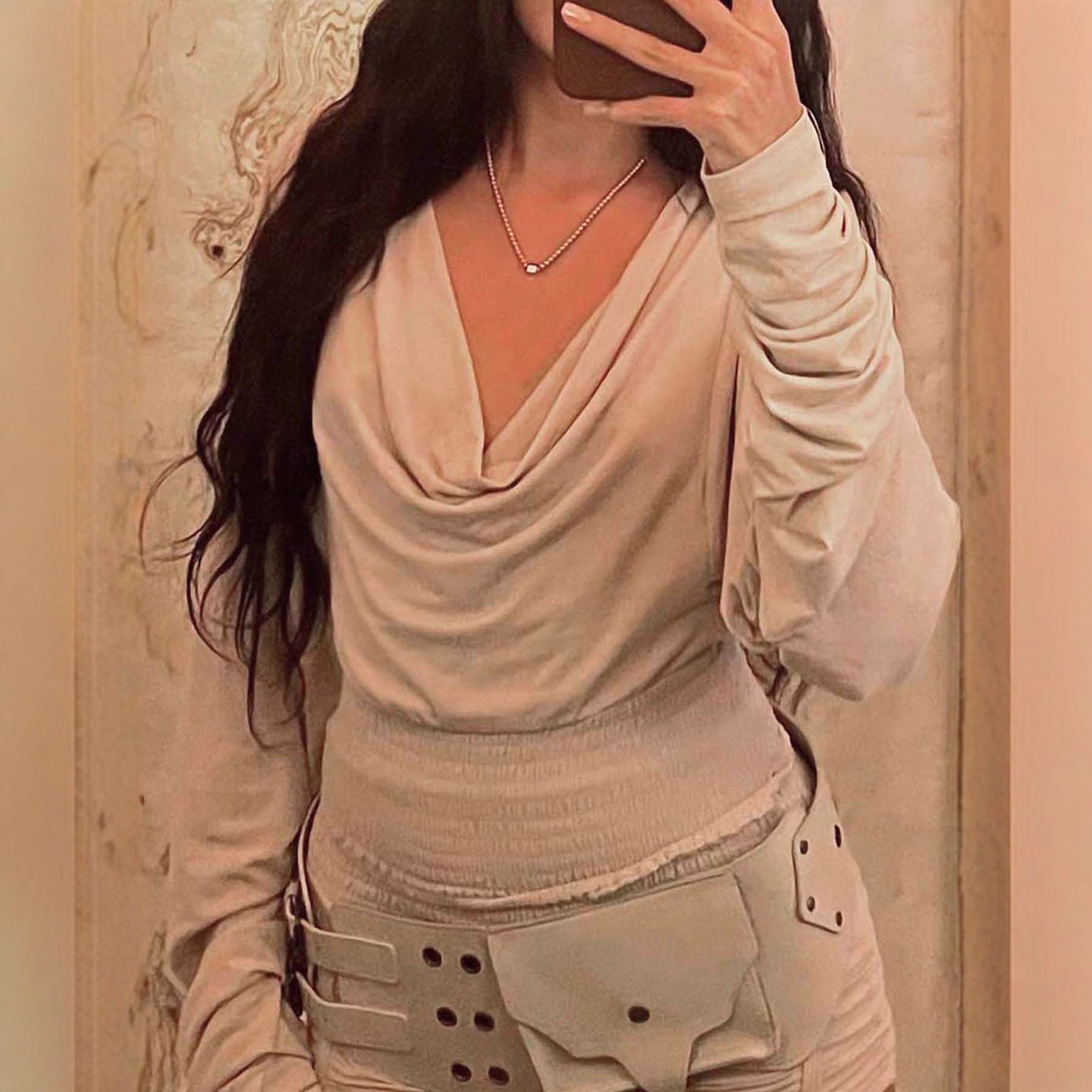 Retro Swing Collar Backless Slim Fit Long Sleeved T shirt Women Waist Tight Solid Color All Matching Basic Top