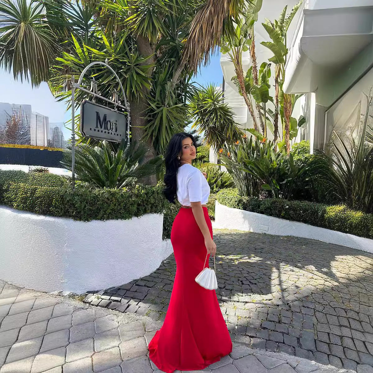 Summer Solid Color Slim Fit Three Dimensional Floral Split Drape Flab Hiding Skirt