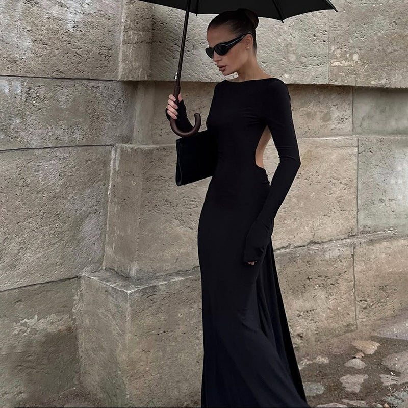 Autumn Winter Women Sexy Backless Chain Decoration Slim Fit Long Sleeved Dress