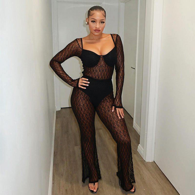 Women Clothing Autumn Arrival Solid Color Sexy Mesh Lace See through Horn Long Conjoined Trousers