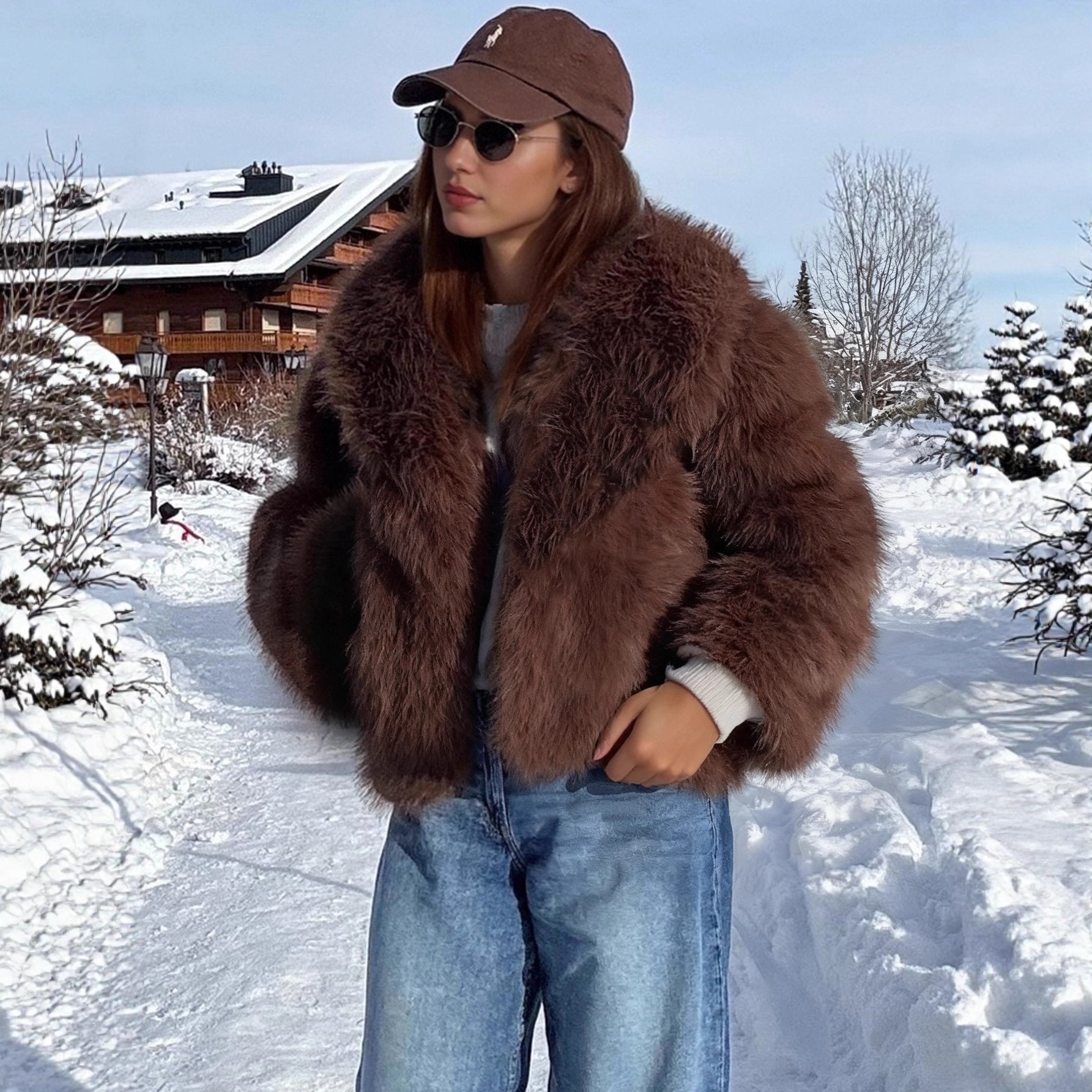 Manteau d'hiver femme automne-hiver à col rond, épais, effet fourrure peluche, respectueux de l'environnement