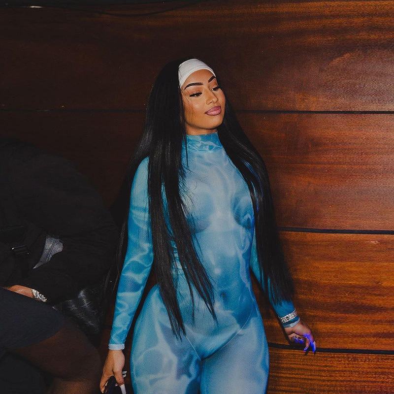 Fall Women Clothing Printed High Waist Tight Sports Fitness Jumpsuit