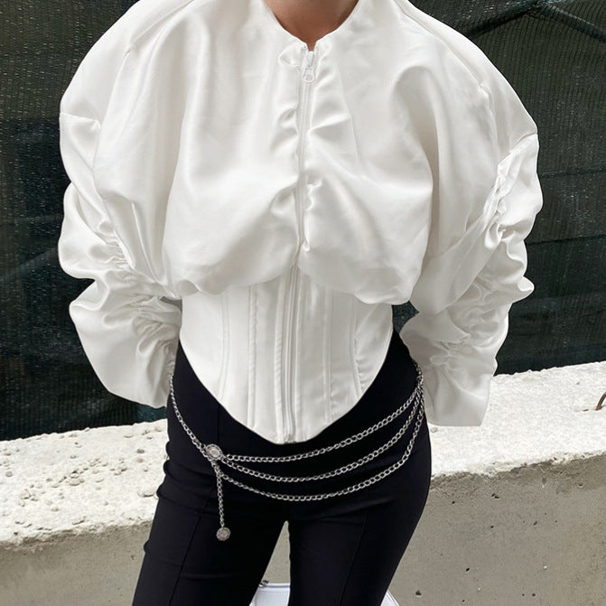 Palace Women Clothing Fitted Waist Pleated round Neck Long Sleeve Shirt High Grade Cardigan