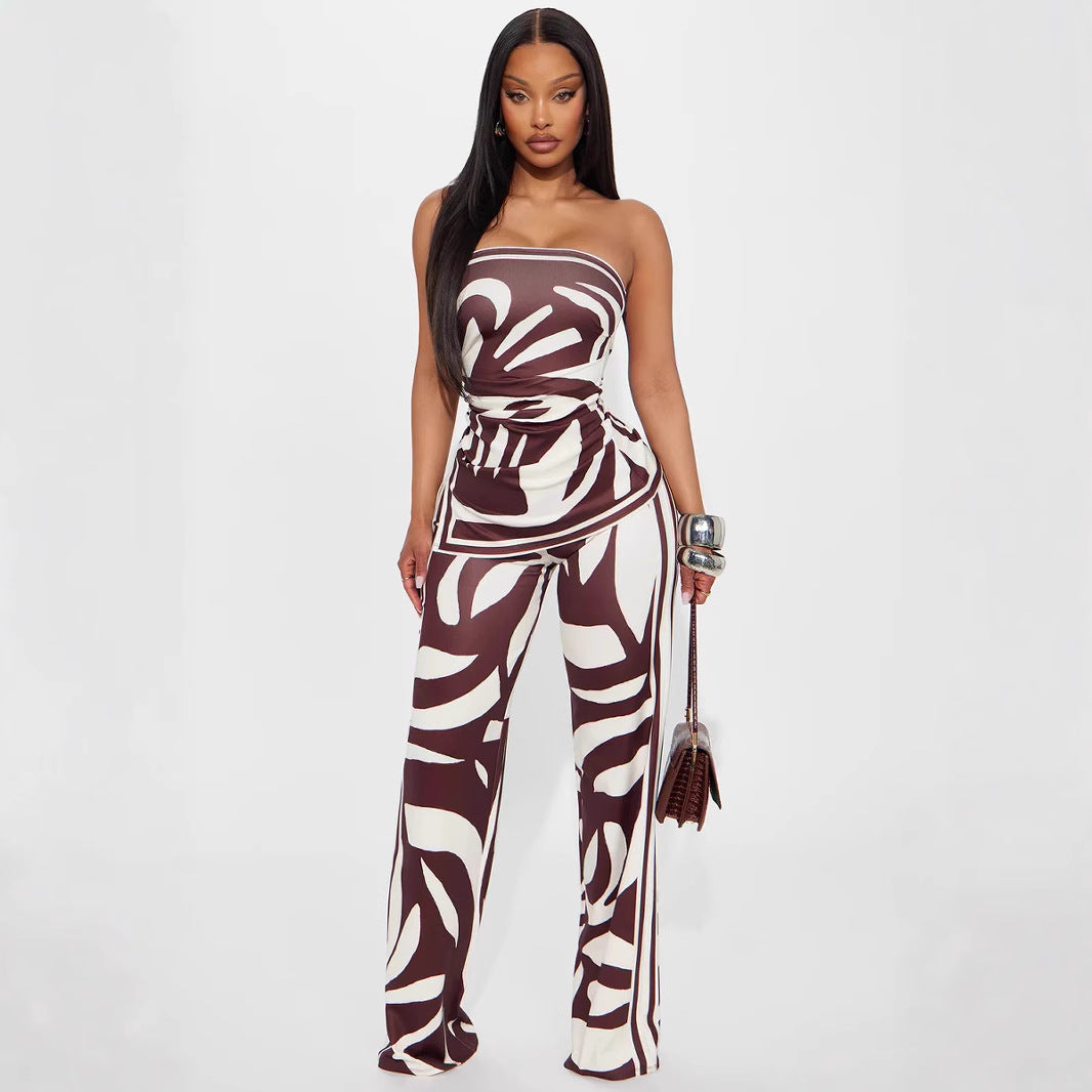 Women Clothing Sexy Slit Tube Top Trousers Two Piece Set Tight Straight Leg Pants Set