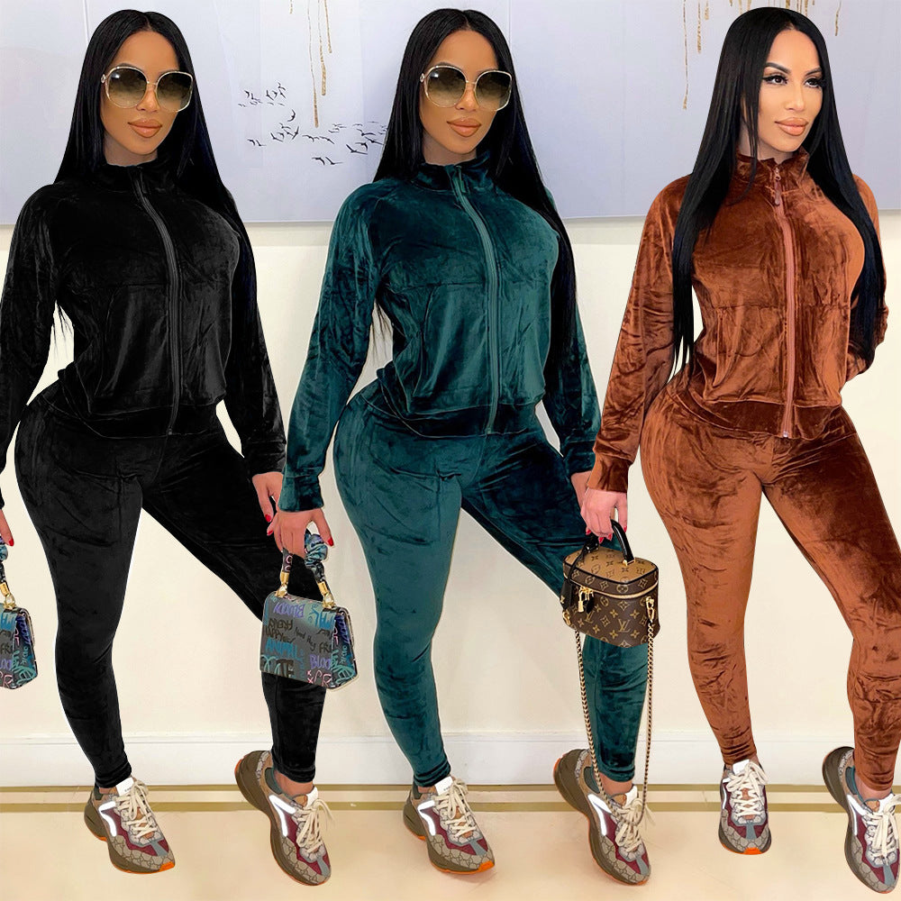 Autumn Winter Women Clothing Sports Casual Solid Color Pleuche Long Sleeve Women Pants Suit