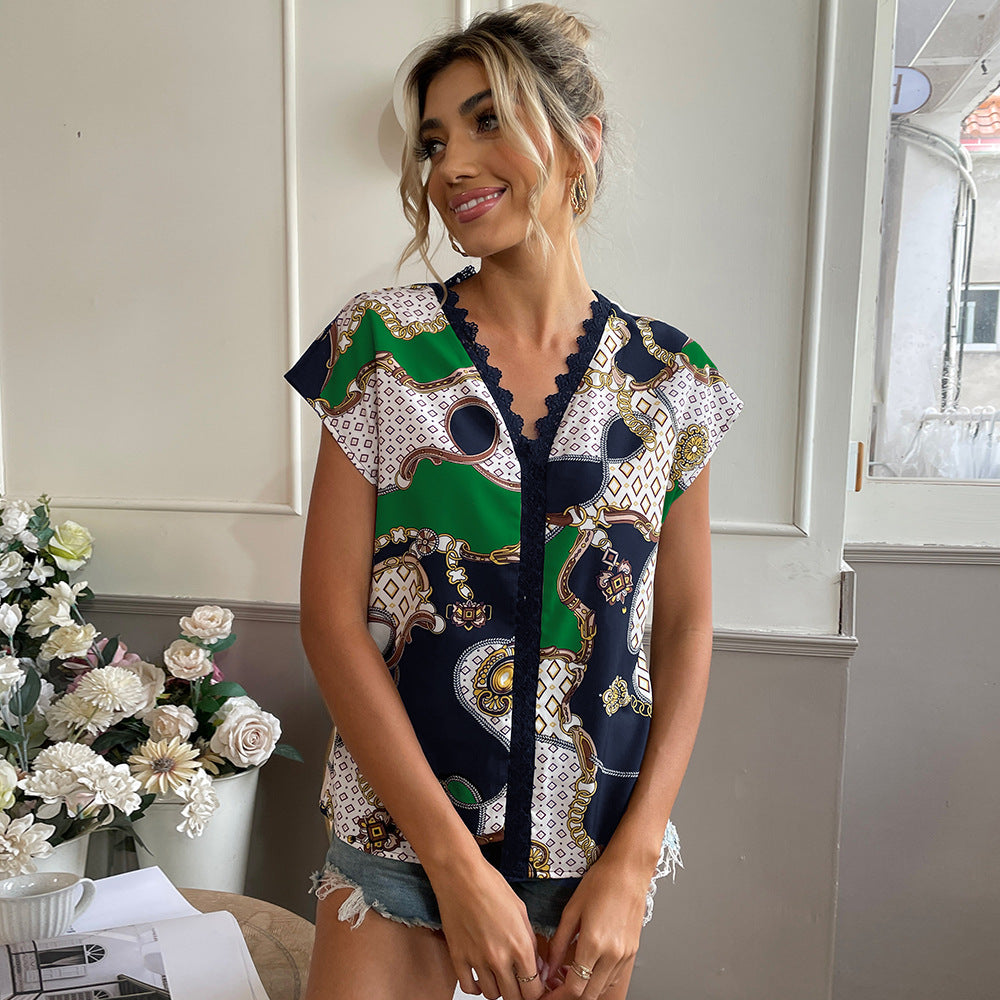 Women Clothing Popular Short Sleeve Striped V neck Shirt Blouse