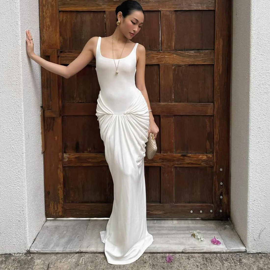 Fall Women Clothing Solid Color U Neck Slim Fit Sexy Backless Pleated Cami Dress Maxi Dress