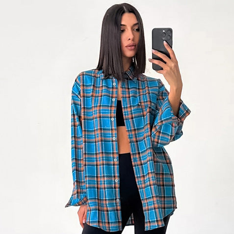Summer Loose Street Plaid Women Shirt Casual Top for Women